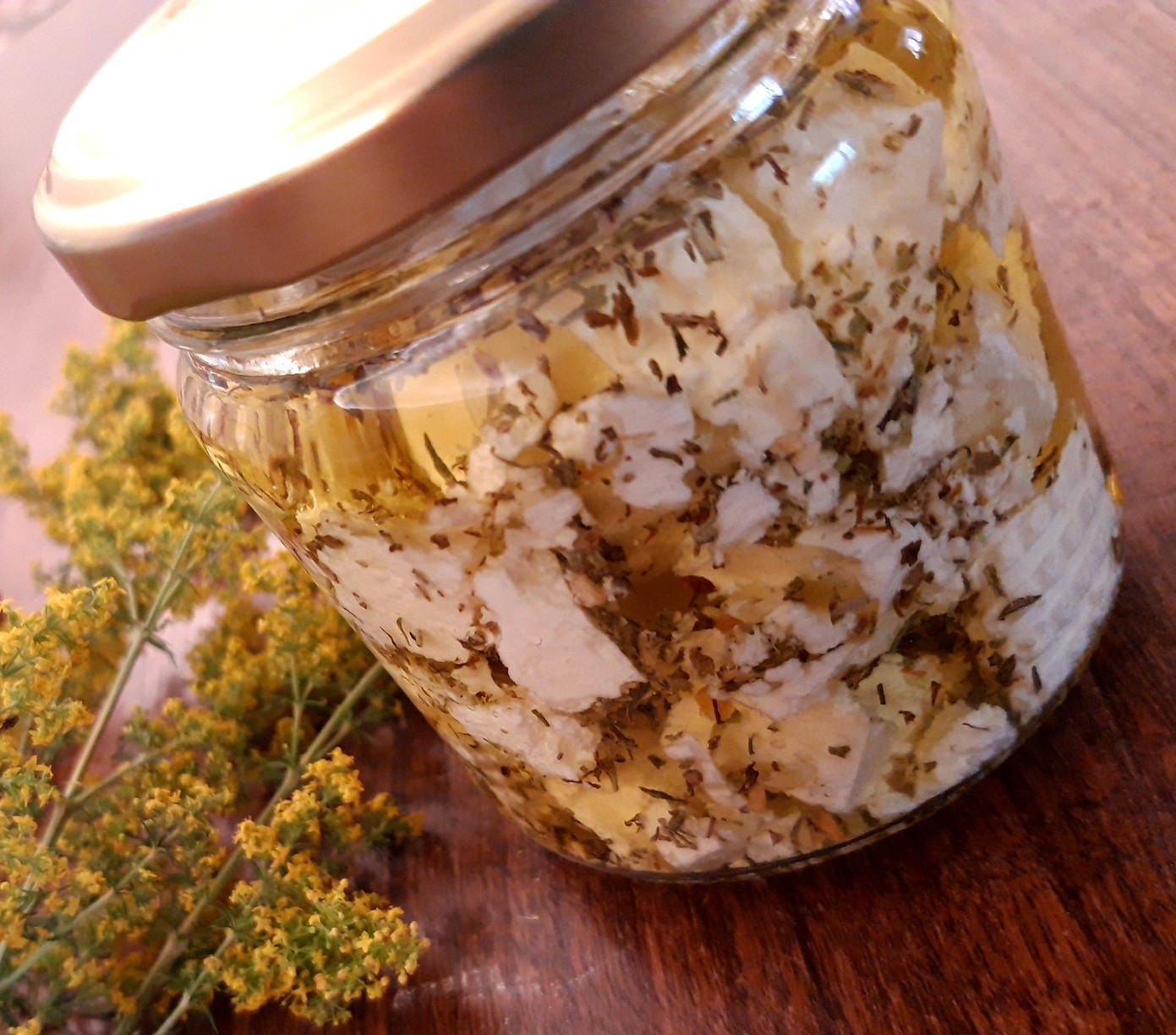 eingelegter gesalzener Ziegenkäse in Öl-Labkraut (Foto von Andrea Bauer)